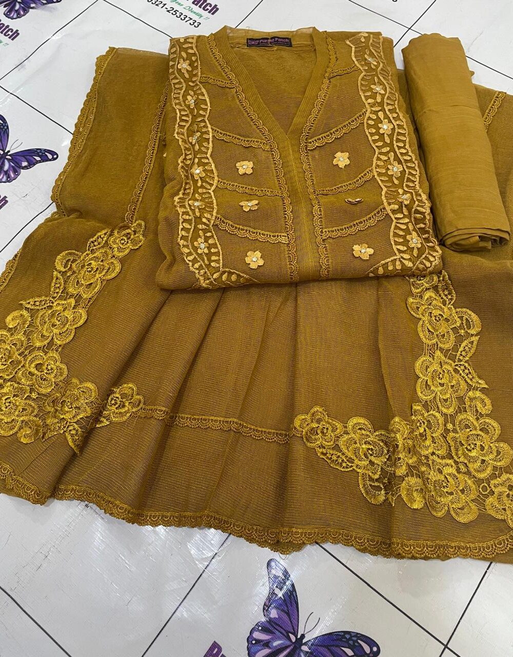 Floral Embroidered Lace Mustard
