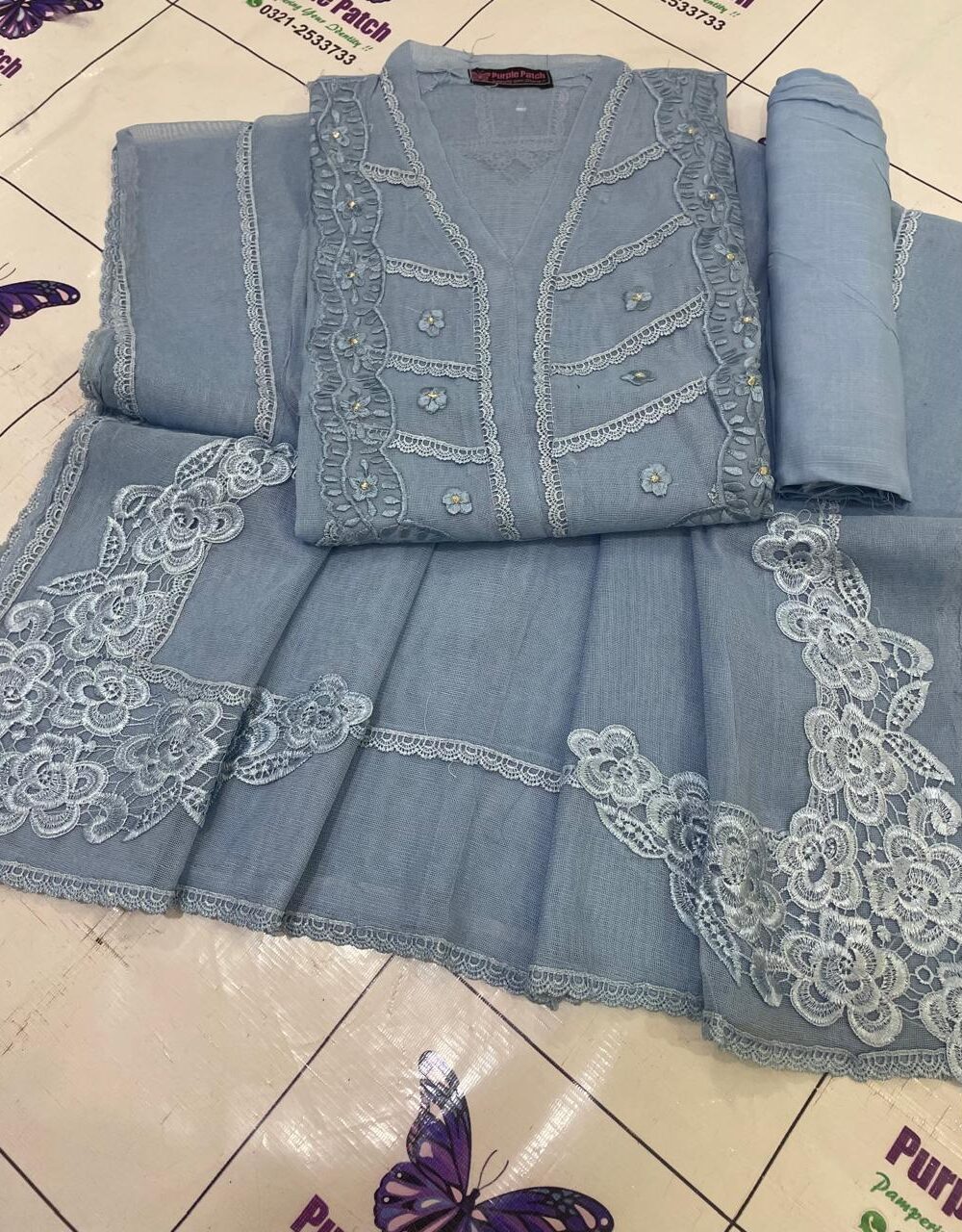 Floral Embroidered Lace Light Blue