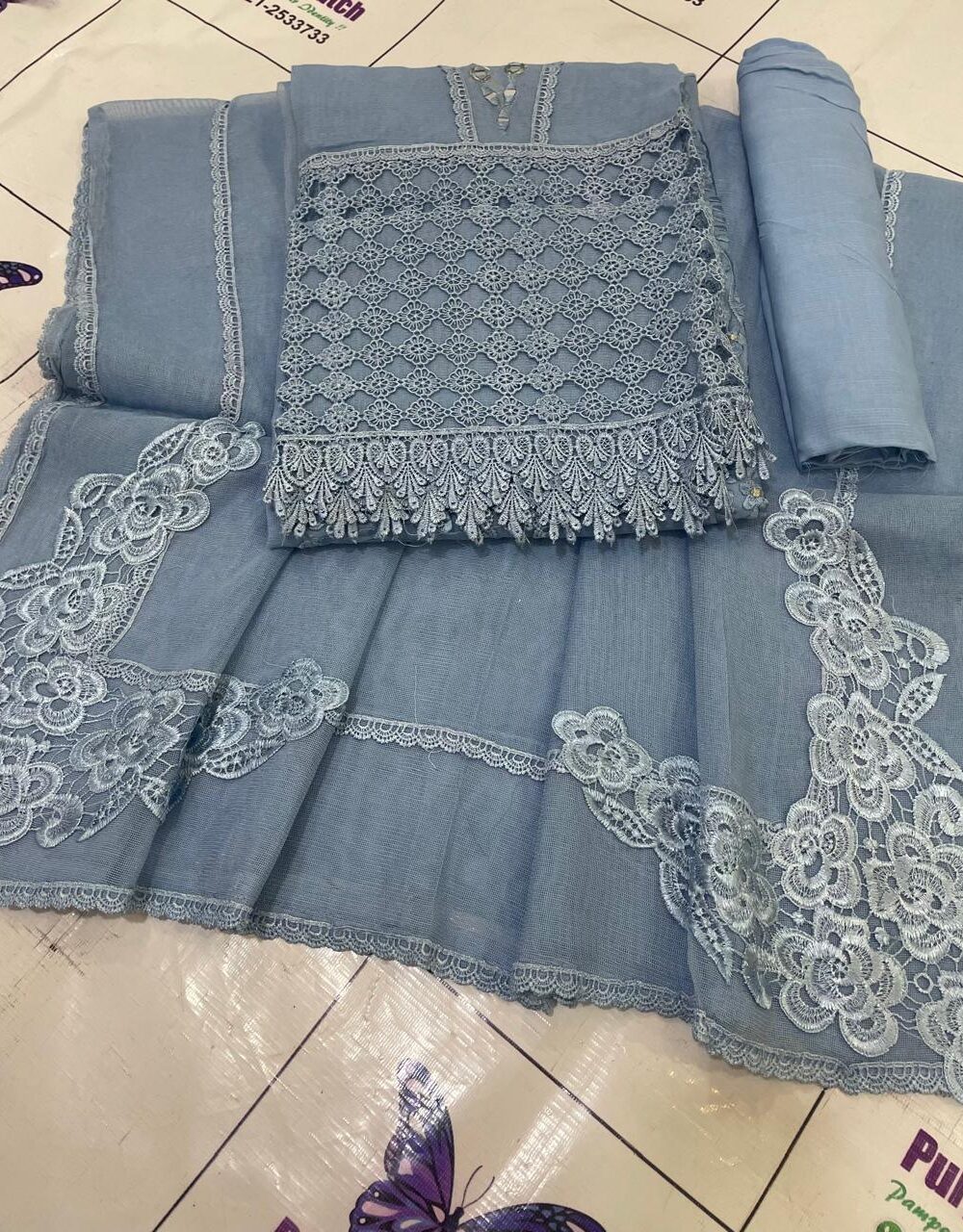 Floral Embroidered Lace Light Blue - Image 3
