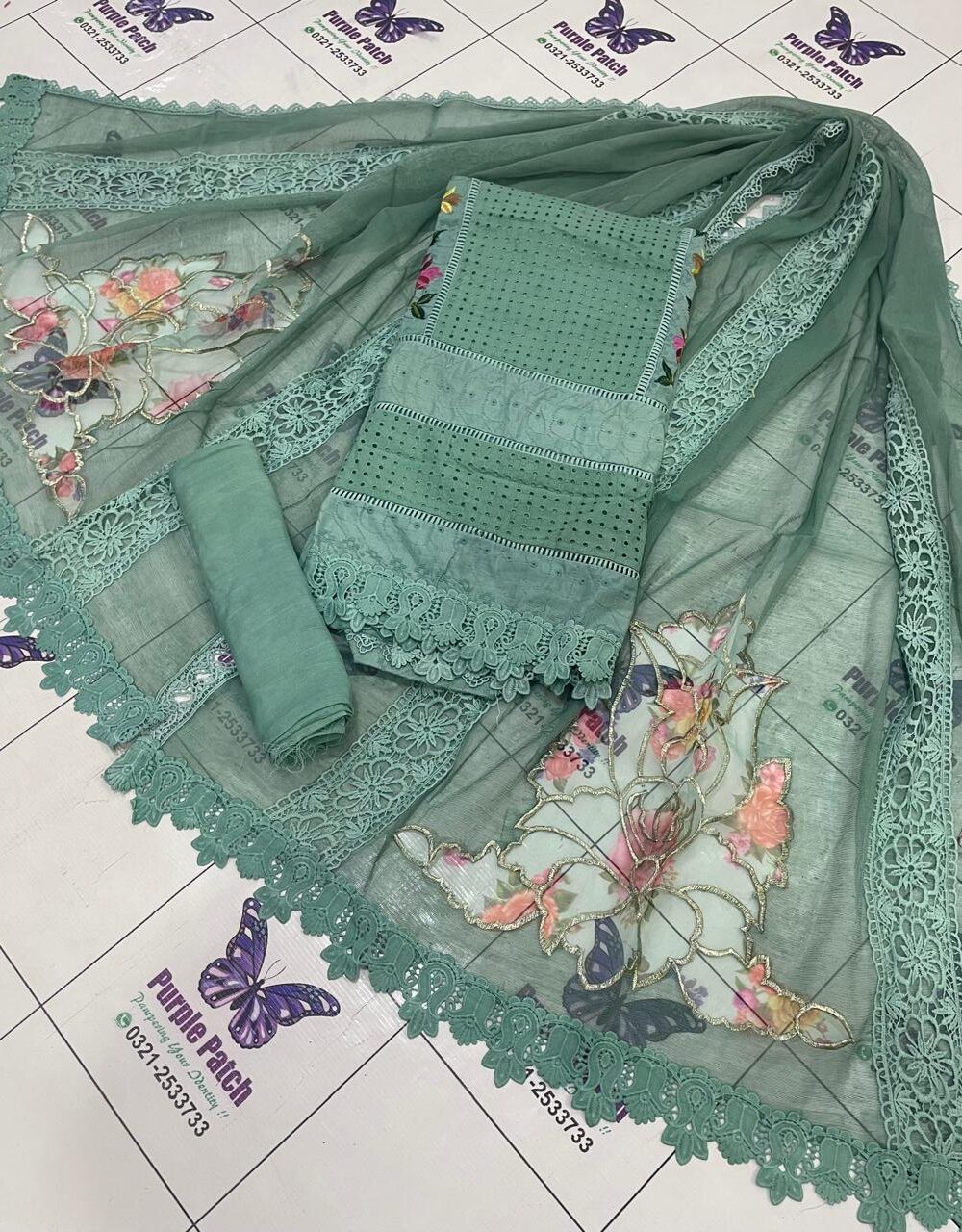 Embroidered Chickenkari Flora Collection Sea Green - Image 3