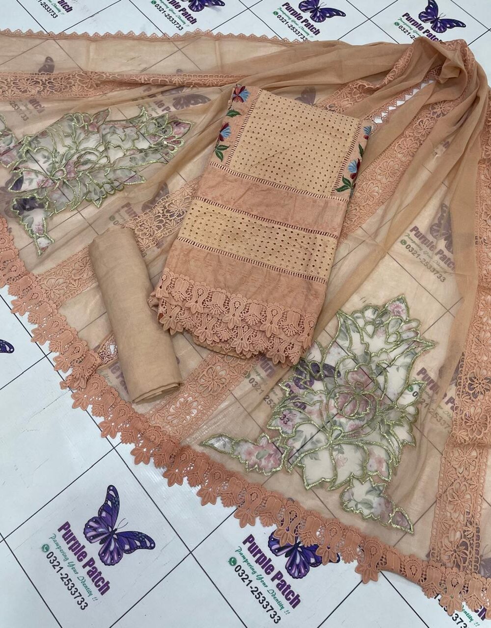Embroidered Chikankari Flora Collection Peach - Image 3