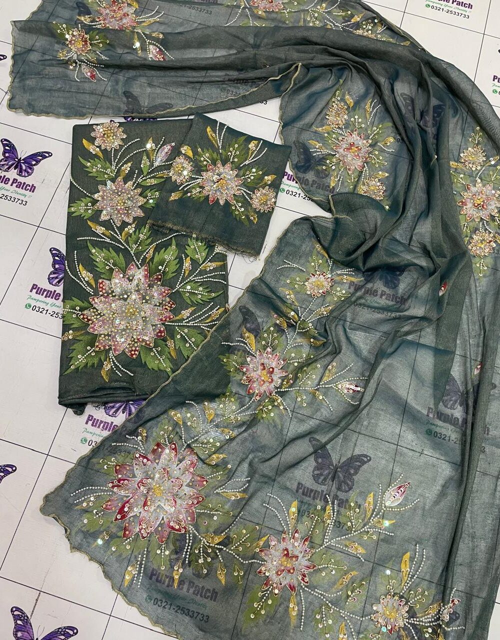 Hand Paint Hand Work Collection Peacock Green