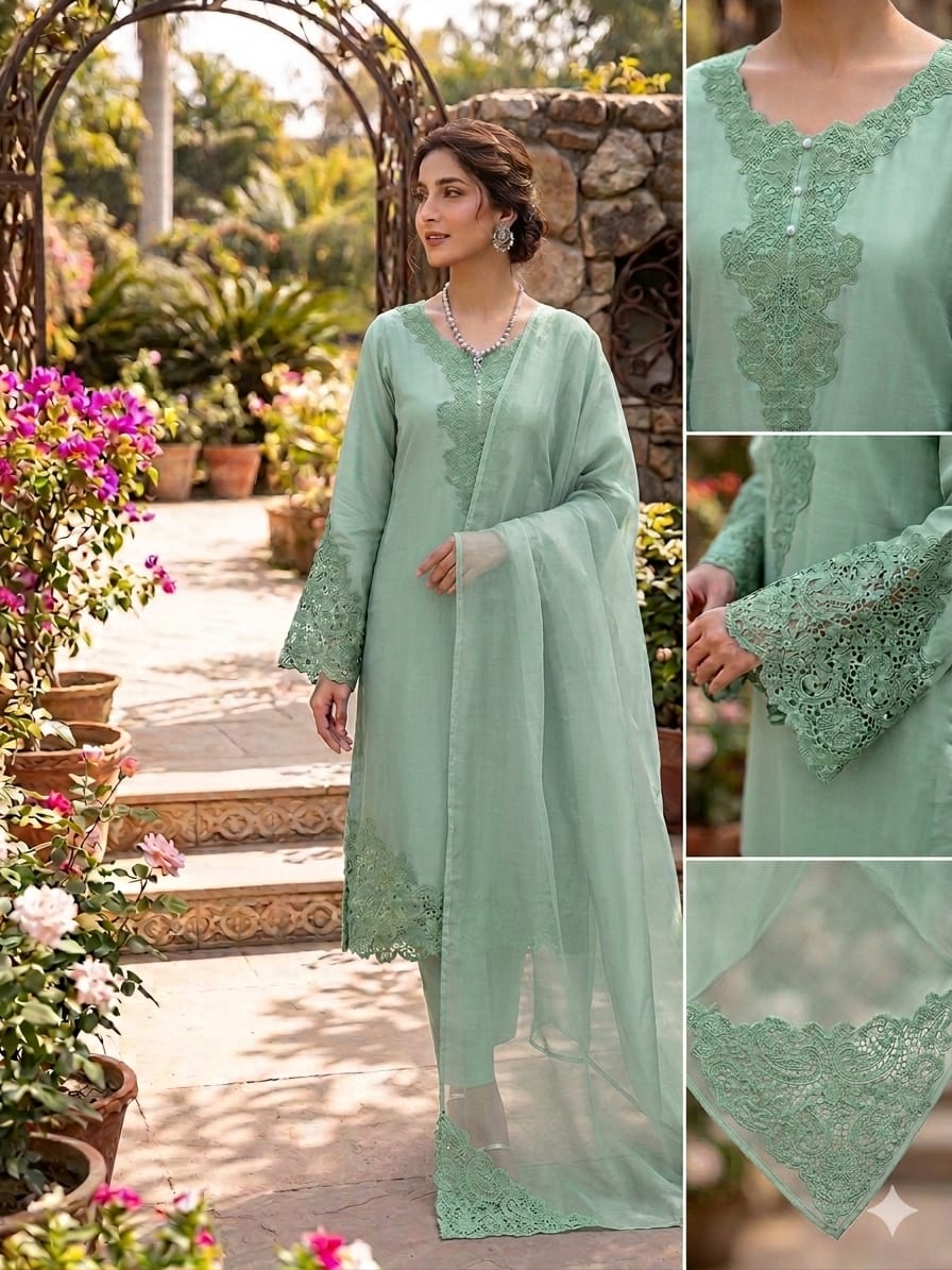 Silk Cut Work Noor E Khas Pista Mint Green